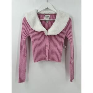 Forever 21 x Baby Phat Cardigan Sweater Womens Medium Pink Y2K Faux Fur Collared